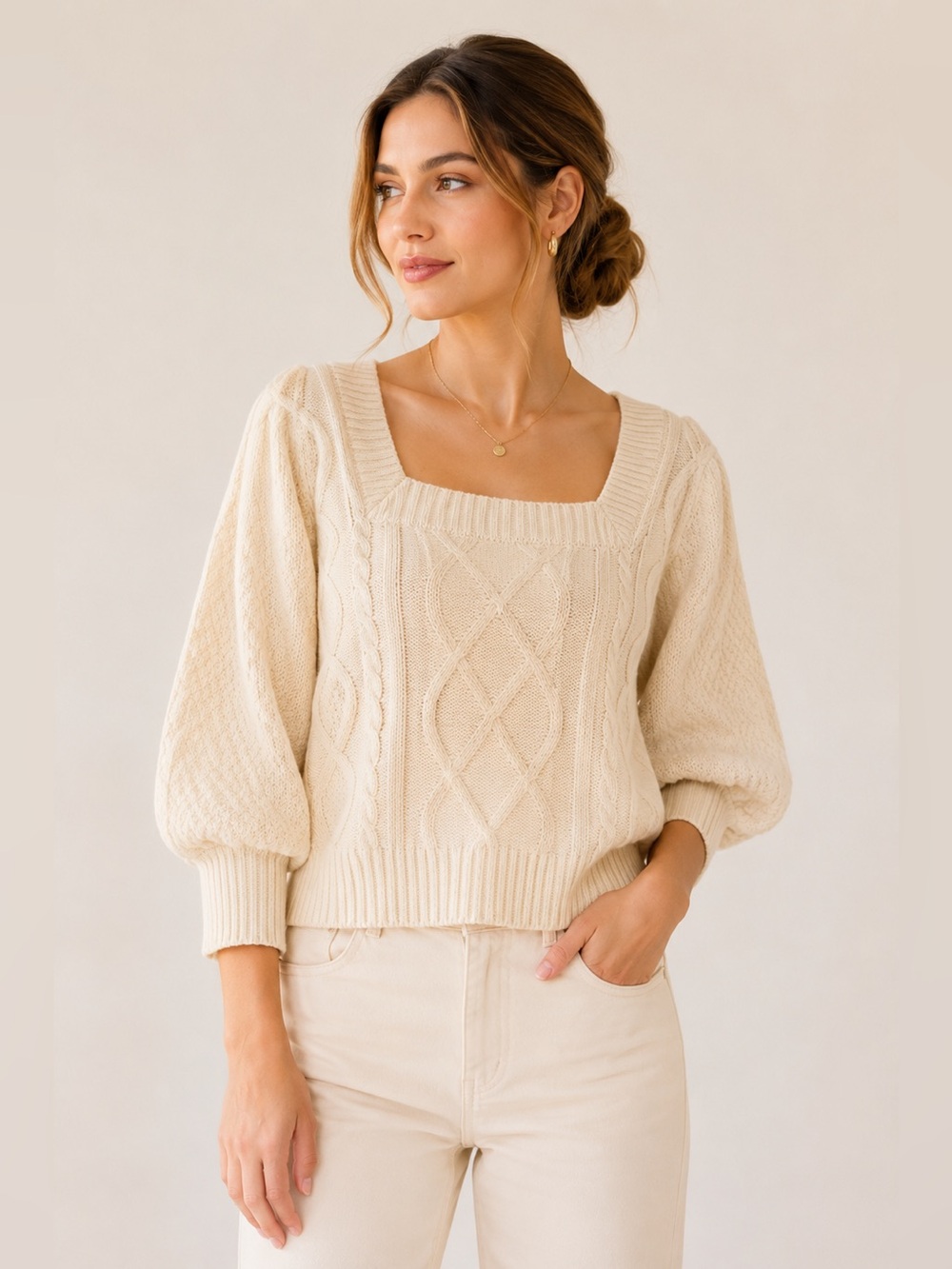 Pink Rose Cream Cable Knit Sweater Medium Square Neck Puff Sleeve Feminine
